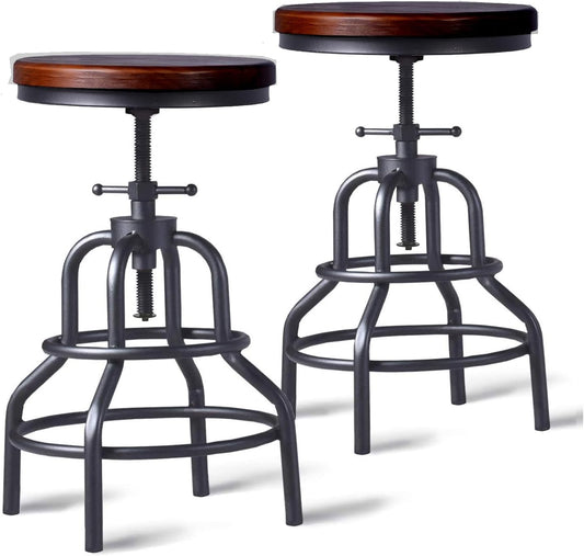Diwhy Industrial Vintage Bar Stool, Kitchen Counter Height Adjustable Pipe Stool, Cast Iron, Swivel, Metal, 27 Inch, Fully Welded Set (Brown Wooden Top)