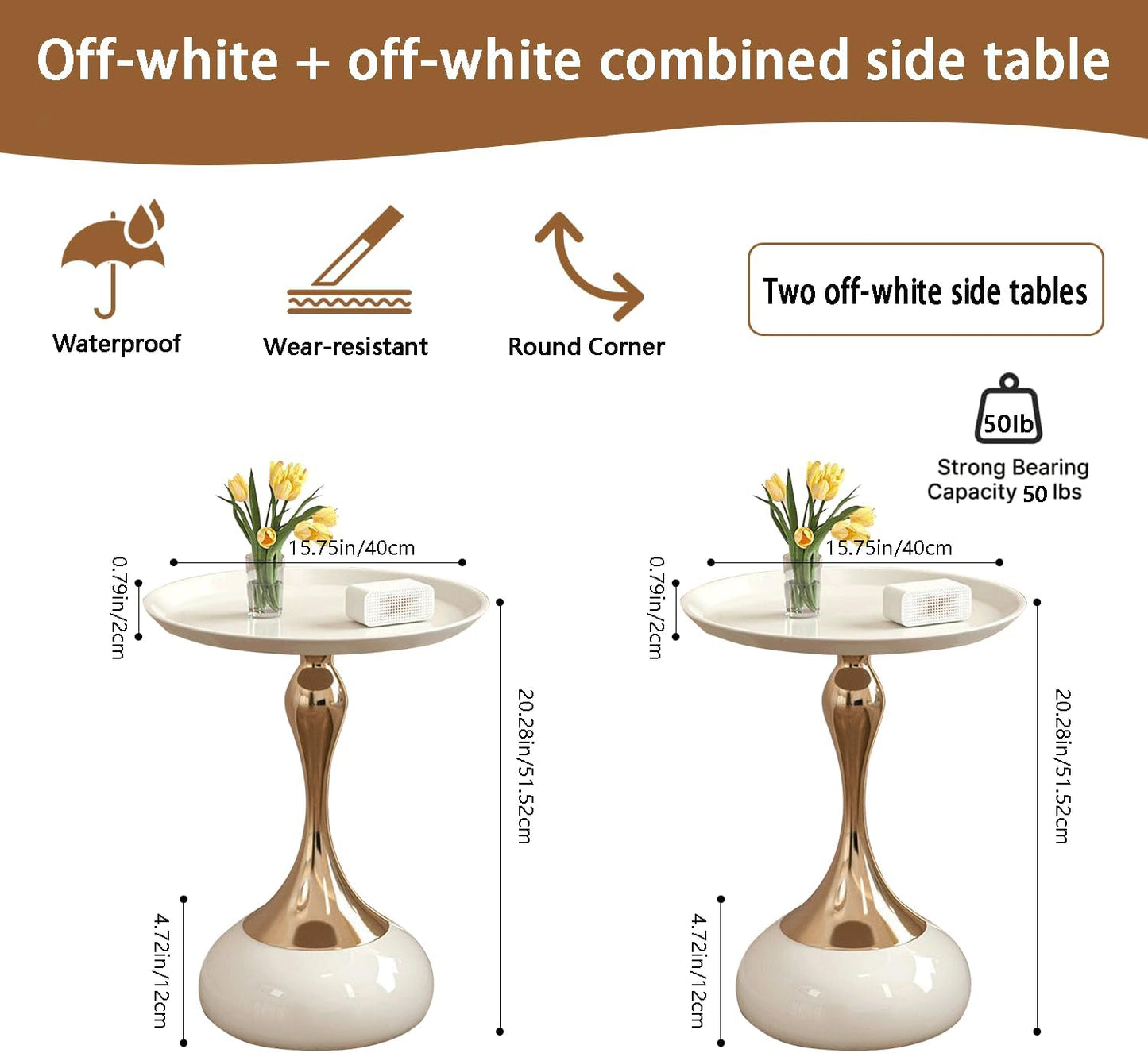 Modern Round Side Table with Gold Pedestal Base, Black Metal Top, Accent End Table for Living Room (Cream White+Cream White)