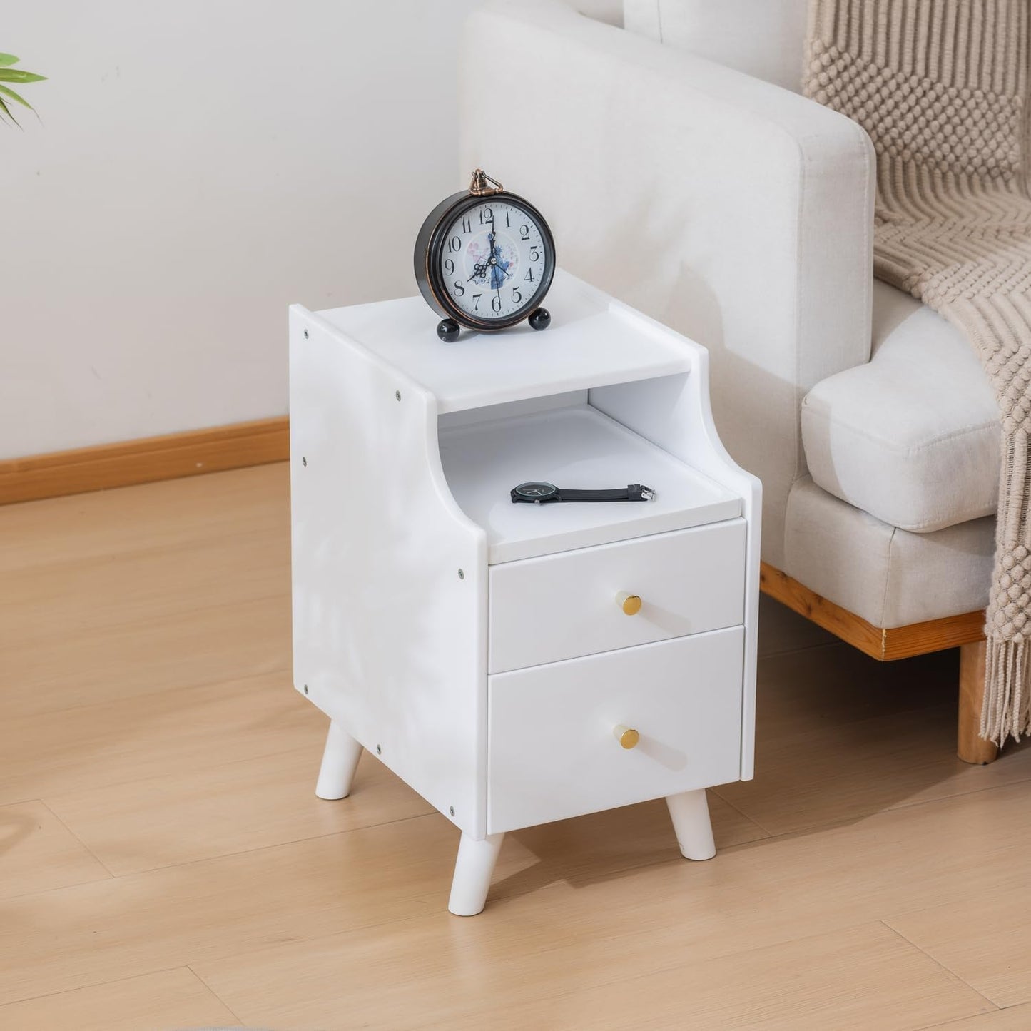 Small Nightstand, Narrow Nightstand, Solid Wood Night Stand, Narrow Side Table for Small Spaces, Couch, White Color 11.81 in Wide