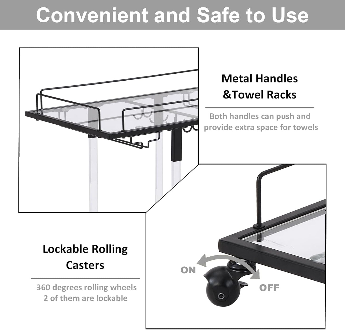 Bar Cart for Home Bar Chrome Serving Cart with Wine Rack 2-Tier Acrylic Rolling Bar Carts on Wheels Clear Dessert Cart Lucite Bar Stand Glass Liquor Cart for Living Room Kitchen Club Black