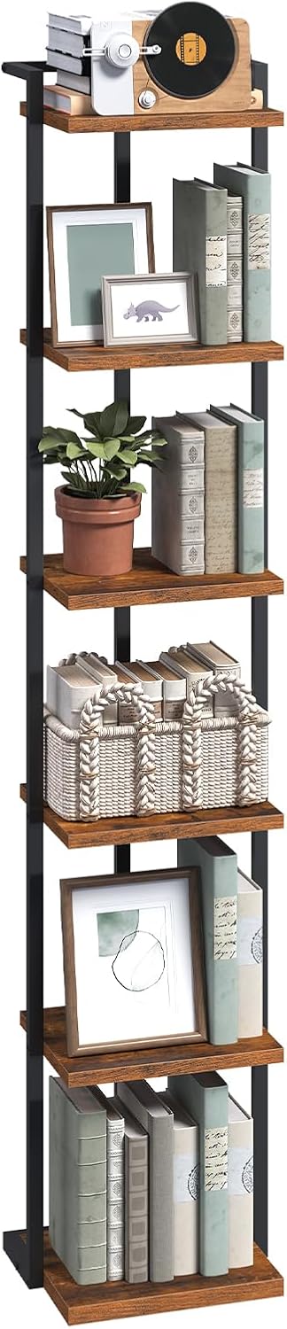 Bookshelf, 6-Tier Bookcase, Vertical Tall Narrow Book Shelf for Small Space, Open Storage Display Shelf with Stable Base & Anti-Tip Kits, for Living Room, Study, Rustic Brown BKHR11601