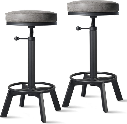 Vintage Bar Stools Set of 2 Industrial Bar Stool Swivel PU Seat Counter Height Adjustable 24-28inch Kitchen Isand Dining Chair