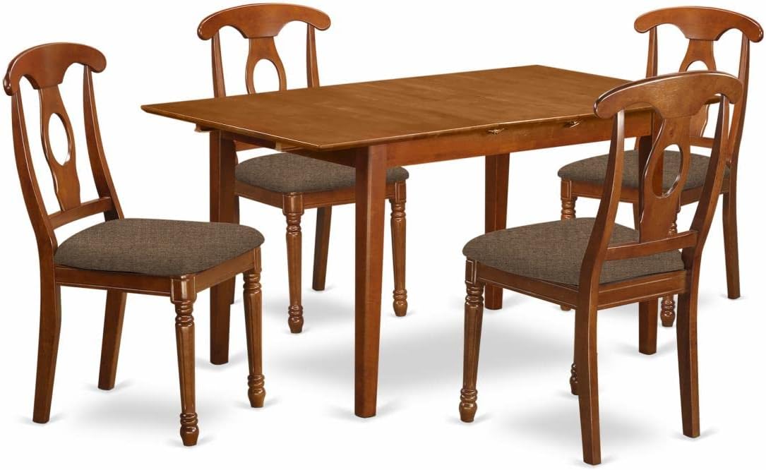 East West Furniture PSNA5-SBR-C 5 Piece Dinette Set for 4 Includes a Rectangle Dining Room Table with Butterfly Leaf and 4 Linen Fabric Kitchen Dining Chairs, 32x60 Inch, Saddle Brown