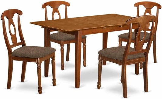 East West Furniture PSNA5-SBR-C 5 Piece Dinette Set for 4 Includes a Rectangle Dining Room Table with Butterfly Leaf and 4 Linen Fabric Kitchen Dining Chairs, 32x60 Inch, Saddle Brown