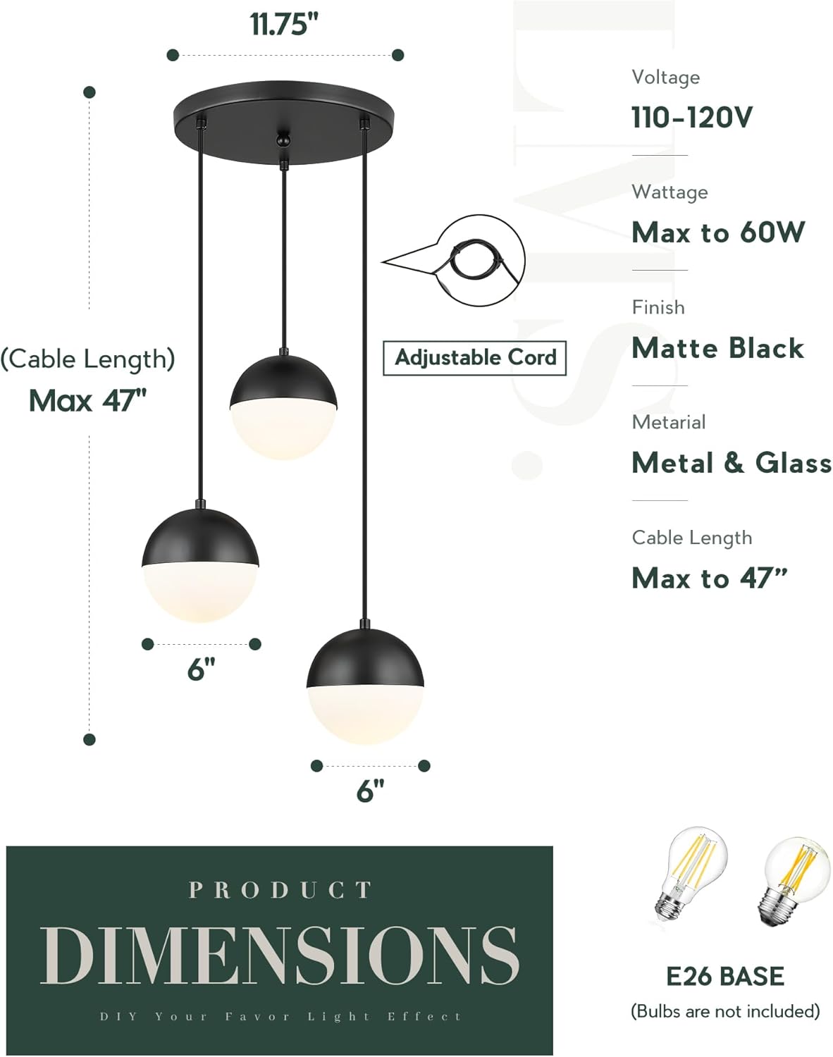 LMS Mid Century 3-Light Cluster Pendant Lights, Matte Black Kitchen Island Light Fixtures with White Globe Glass Shade, Adjustable Hanging Light for Home Office Bathroom Dining Room, LMS-186BK3