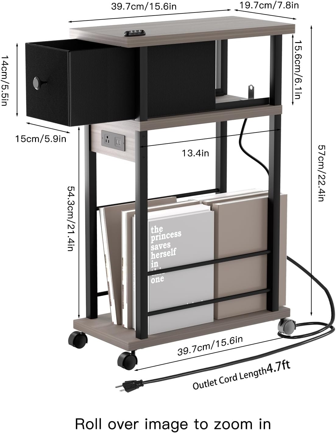 Side Table Set of 2,Side Table with Charging Station and Drawer, Narrow End Table with USB Ports and Outlets for Small Space, Living Room, Bedroom and Office, with 4 Wheels