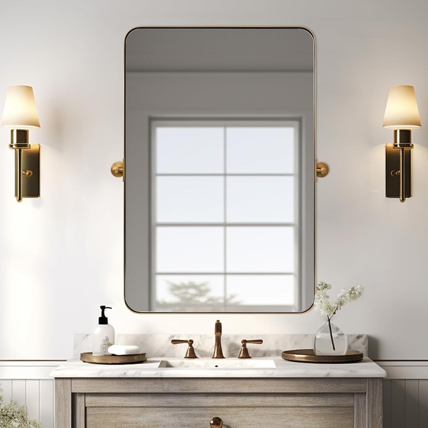 MOON MIRROR Brushed Gold Rectangle Pivot Mirror for Bathroom, Brass Pivoting Vanity，Overall 24.33 x 30 in (Mirror 20x 30 in)