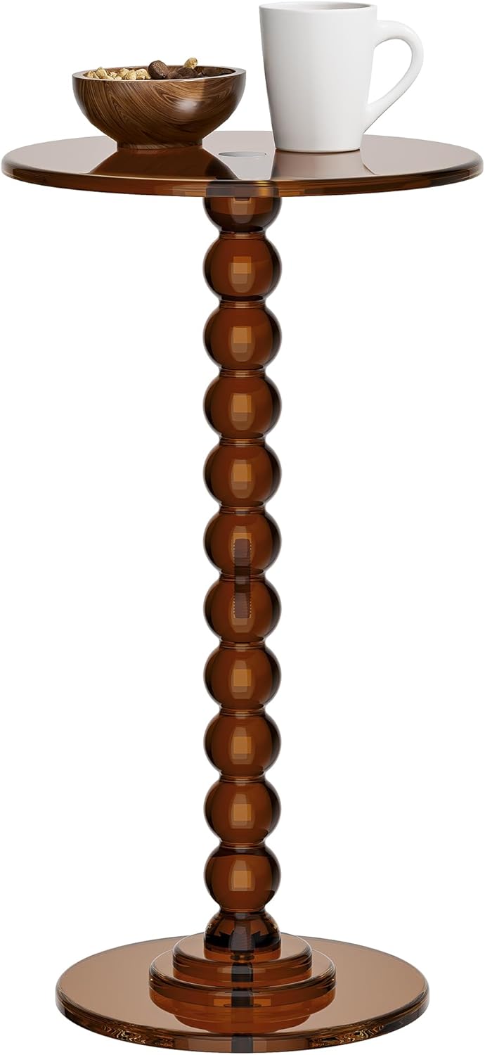 Acrylic Side Table, End Table Round Top with Solid Post for Living Room, Bedroom, Balcony, Easy Assembly (Clear) (Pedestal, Dark Brown)