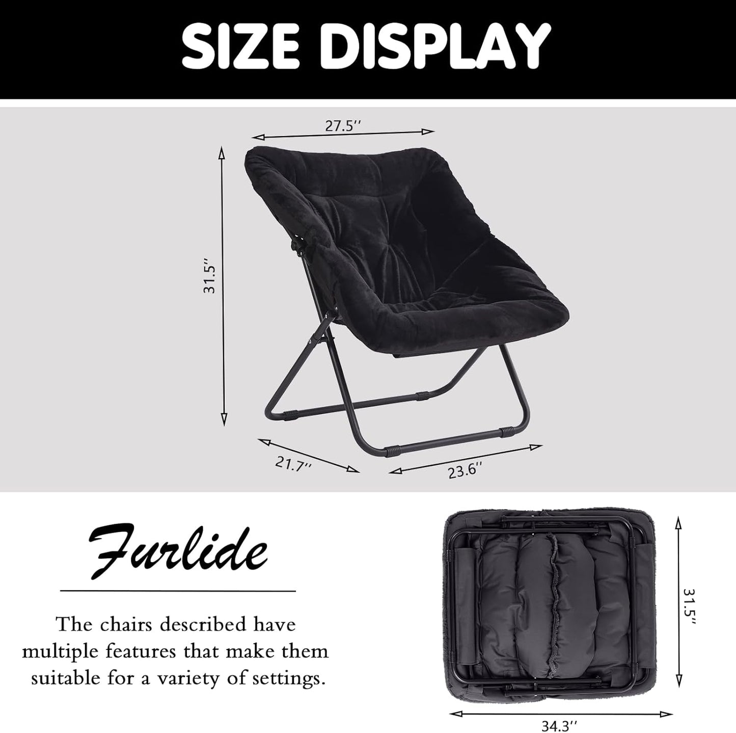 Saucer Chair, Comfy Bedroom Chairs, Oversized Folding Faux Fur Chair, Foldable Metal Frame Chair for Bedroom, Patio, Study, Playroom (Black)