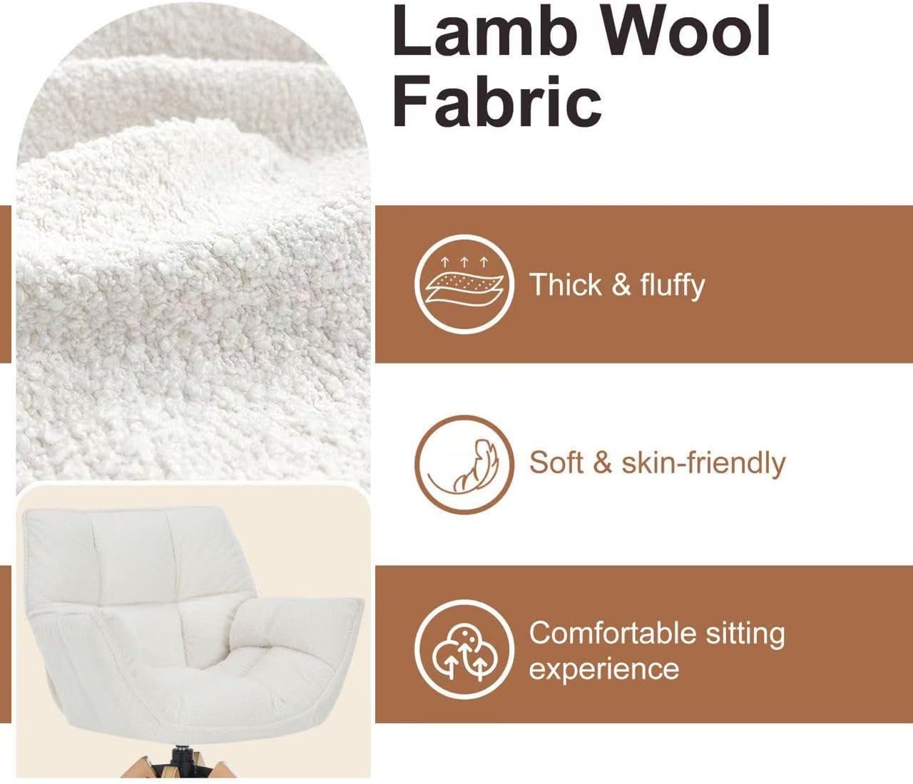 Mid Century Accent Chair, Lambs Wool Vanity Chair Modern Cozy Desk Chair no Wheels with Amrest, Wood Legs for Living Room, Reading Room, Bedroom, White