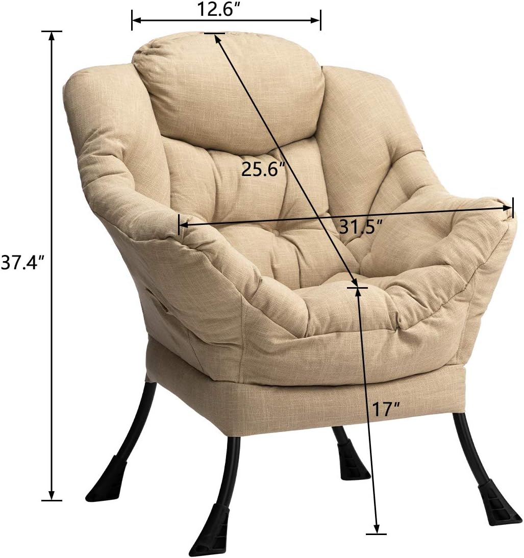 HollyHOME Modern Fabric Large Lazy Chair, Accent Oversized Comfy Reading Chair, Thick Padded Cozy Lounge Chair with Armrest, Leisure Sofa Chair for Living Room, Bedroom, Dorm, Coffee&White