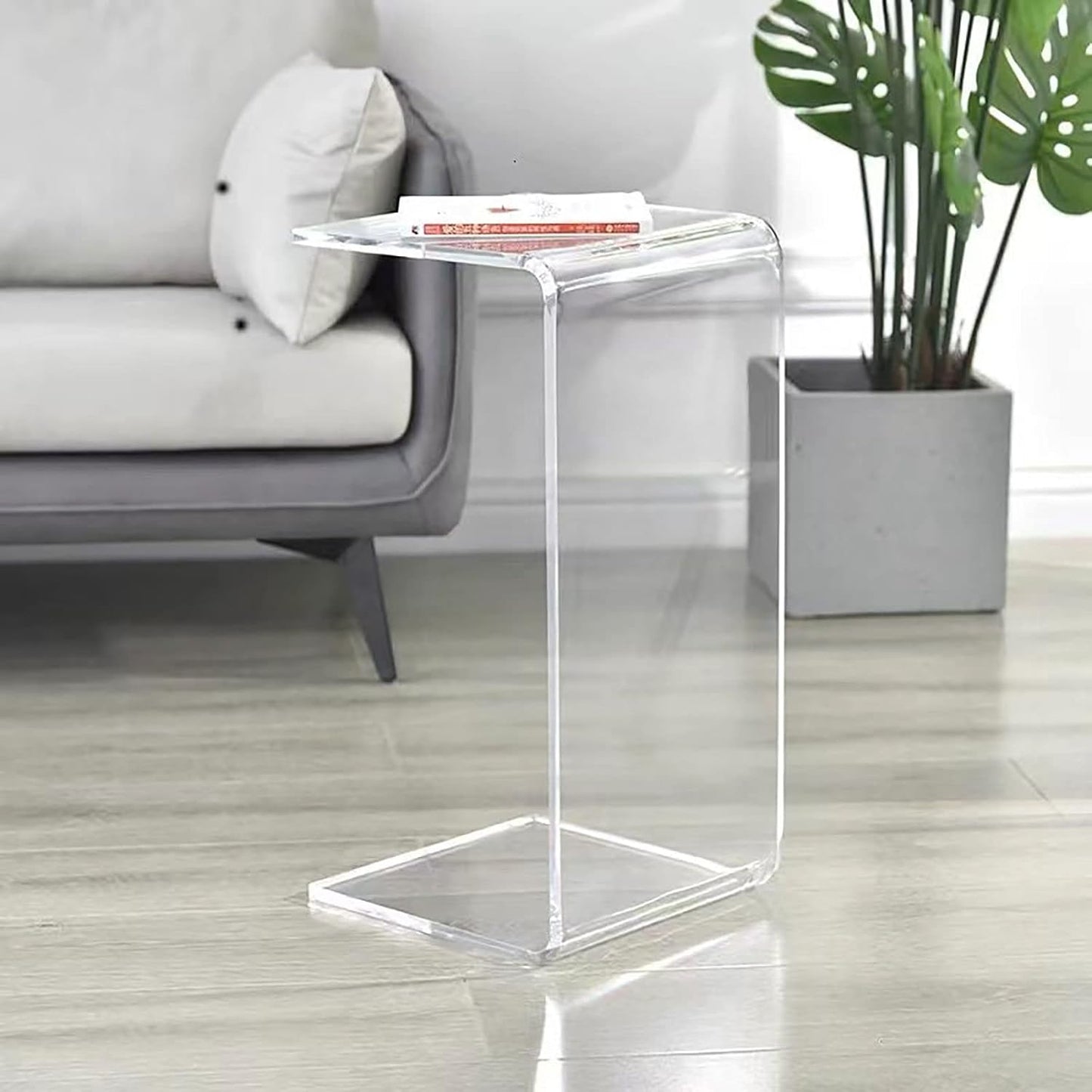 Acrylic End Table, 26 Inch Tall Side Table Acrylic C Shape Modern Clear Side Couch Table Slides Under Couch