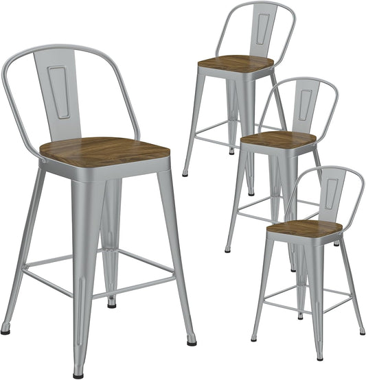 Metal Bar Stools Set of 4, High Back Bar Stools with Wooden Seat, 30 inch Silver Barstools for Kitchen Island