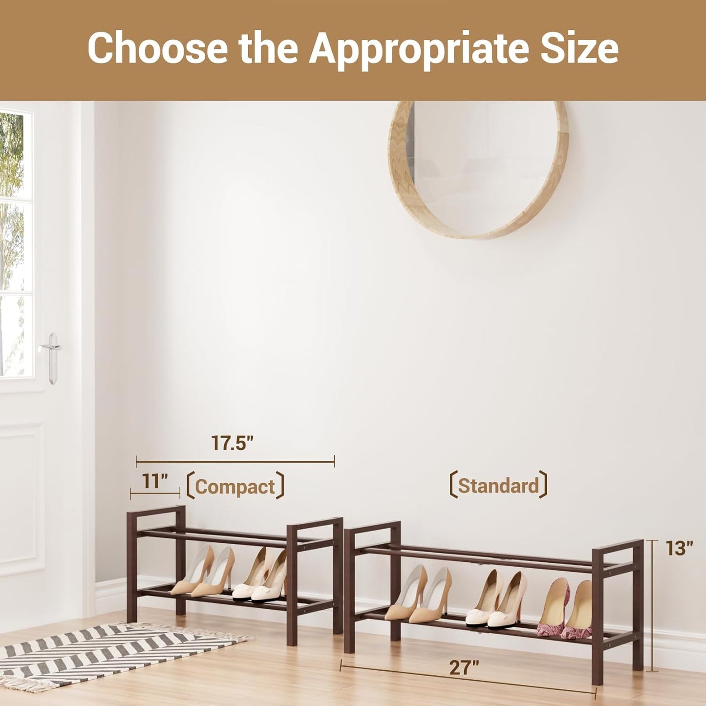 Haddockway Bamboo Shoe Rack for Closet, Free Standing Shoe Organizer with Smooth Round Rods & Convenient Handles, Stackable Shoe Storage Shelf for Entryway, Hallway(Brown, 2-Tier)