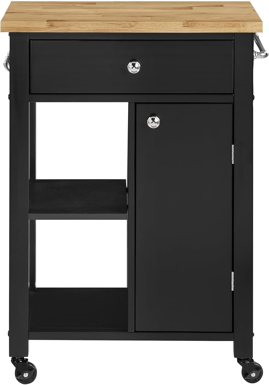 OSP Home Furnishings Derry Modern Farmhouse Kitchen Cart with Natural Butcher Block Top, Rolling Storage Cabinet with Drawer, Shelves, Hooks, Black Finish