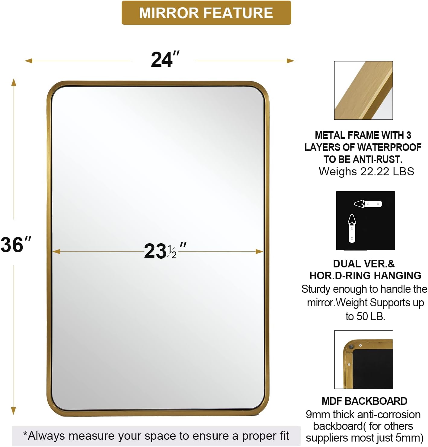 ANDY STAR Brushed Gold Mirrors for Bathroom, 24x36’’ Rounded Rectangle Mirror, Modern Brass Bathroom Vanity Mirror Non-Rusting Metal Tube Framed 1’’ Deep Wall-Mounted Mirrors Vertical/Horizontal