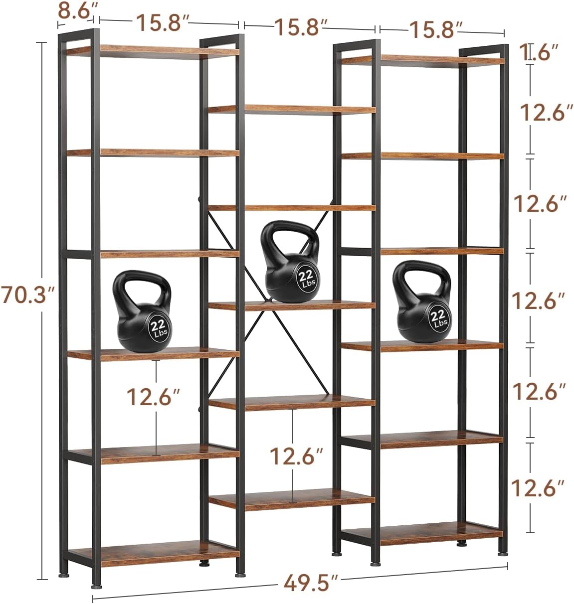 Casaottima Triple 6 Tier Bookshelf, Large Bookcase with 17 Open Display Shelves, Modern Industrial Book Shelves Book Case for Bedroom, Wide Standing Shelving Unit for Living Room Home Office, Vintage