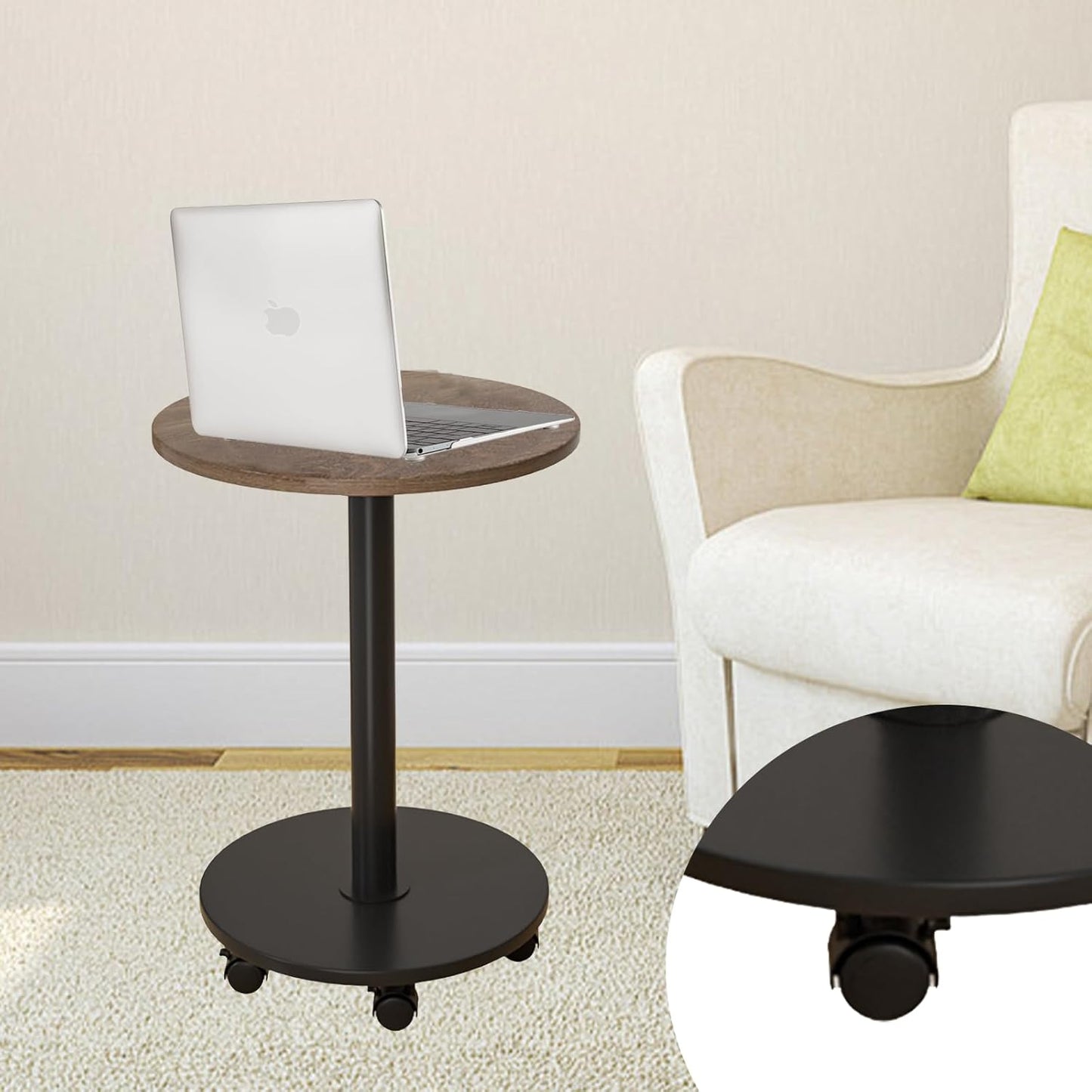 Pedestal with Wheels TV Tray Table, Rotating Couch Tables That Slide Under, Small Side Table for Living Room and Bedroom Sofas, Beds, Mini Coffee Tables, (H) 22.4 *(W) 11.8 (Assembly Required)