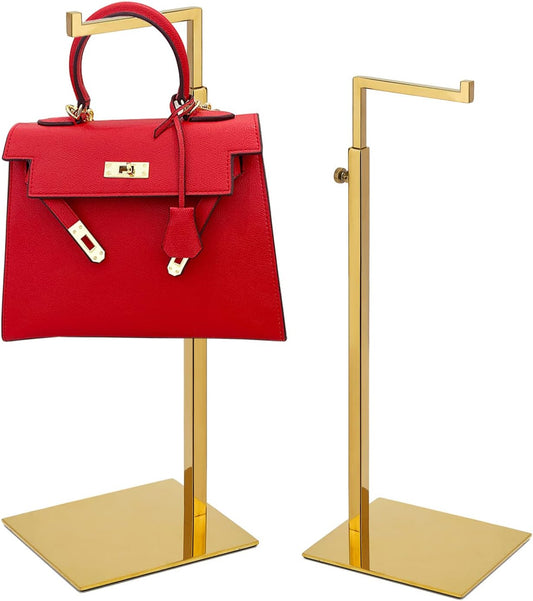 Gold Purse Display Stand, 2 Pack Handbag Display Stand Adjustable Height Stainless Steel Stability Non-slip Base, Large Bags Display Rack Luxury Purse Holder for Table Retail Closet