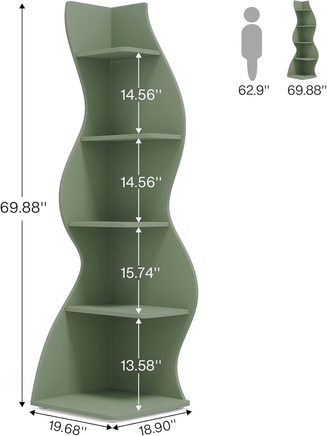 Tribesigns Corner Shelf, Modern 5-Tier Wall Corner Bookshelf, Stylish Corner Small Bookcase Storage Rack Plant Stand with Unique Shape for Living Room, Home Office (Sage Green, 2PCS)