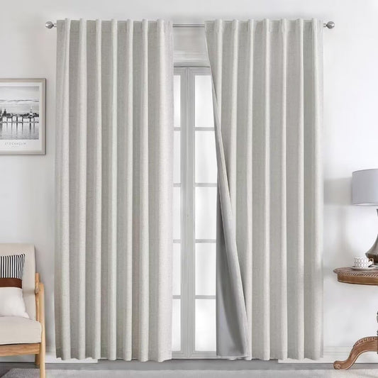 Joydeco Natural Linen Curtains 120 inch Length 2 Panels Set Burg 100% Blackout Patio Door Curtain Room Darkening Sliding Door Curtains Thermal Insulated Back tab Rod Pocket(105x120 inch, White)