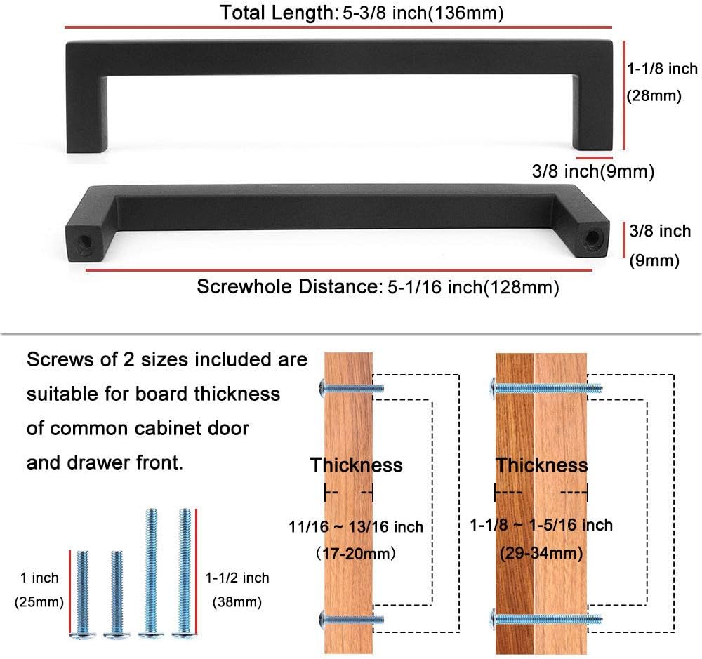 KOOFIZO Solid Square Bar Cabinet Handle - Black Furniture Pull, 5 Inch/128mm Screwhole Distance, 10-Pack for Kitchen Cupboard Door, Bedroom Dresser Drawer, Bathroom Wardrobe Hardware