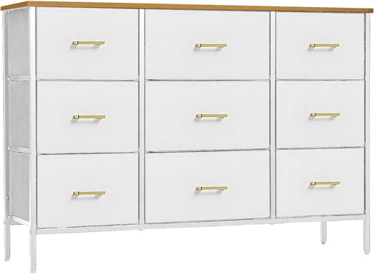 Wide TV Stand Modern TV Console, 9 Drawers Dresser for Bedroom, Fabric Storage Cabinet, Chest of Drawers for Closet, Nursery, Living Room（White）