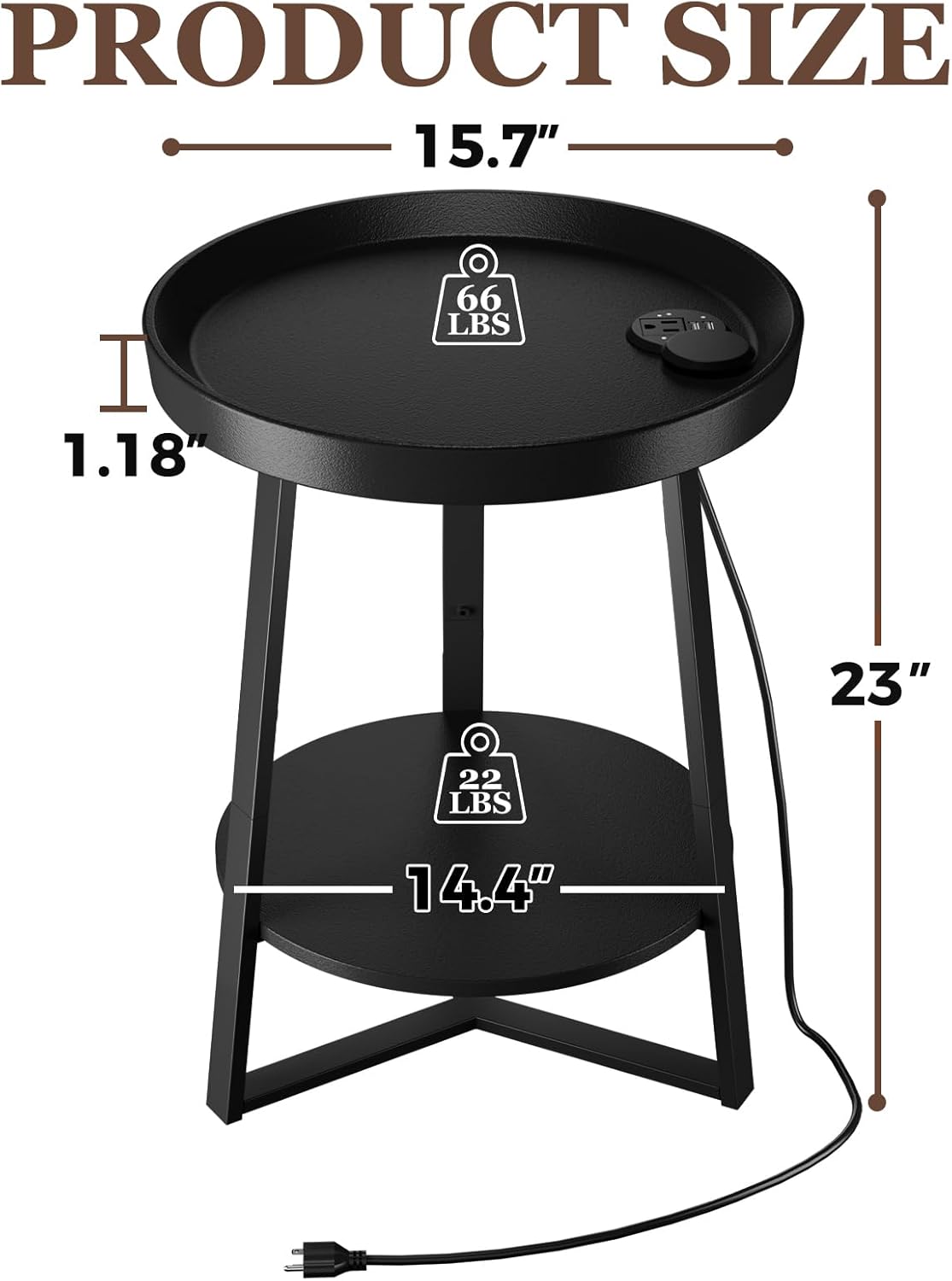 Gadroad Round End Table with Charging Station, USB Ports and Anti-Drop Fence, Wood Tabletop & Black Metal Frame, 2-Tier Side Table for Living Room, Bedroom, Black 15.7 * 15.7 * 23.0 inches