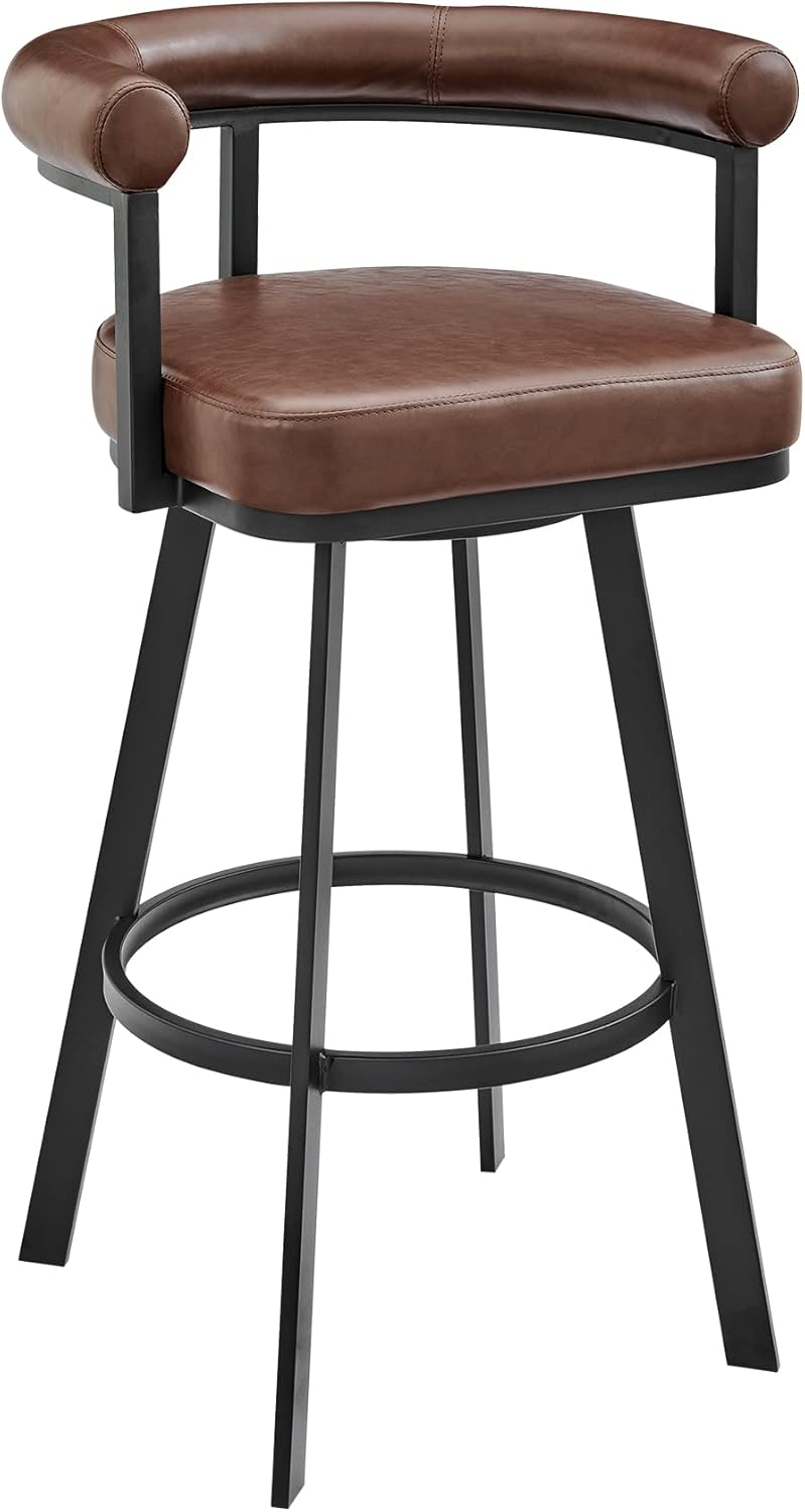 Armen Living Magnolia Swivel Bar Stool in Black Metal with Brown Faux Leather