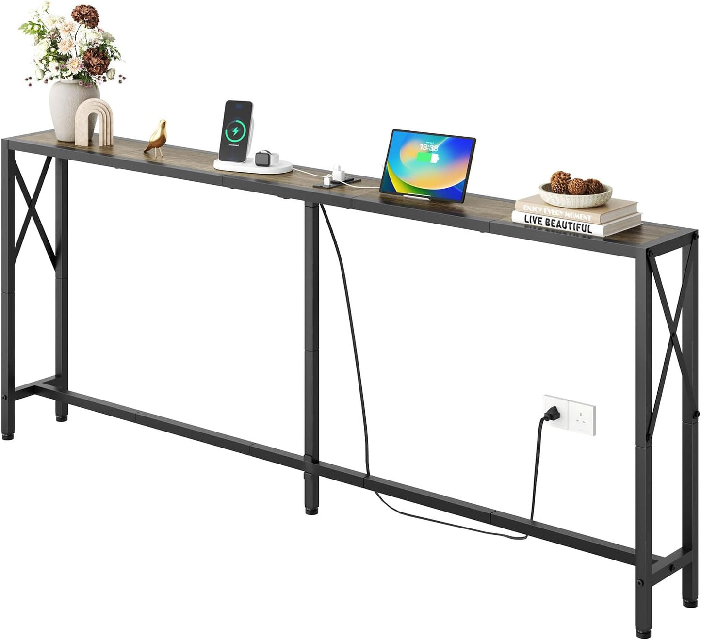 70" Sofa Tables Narrow Long, Behind Couch Table with Oulets & USB Ports, Industrial Long Skinny Stand for Entryway,Hallway, Living Room, Bedroom 7.9" D x 70" W x 24.8" H