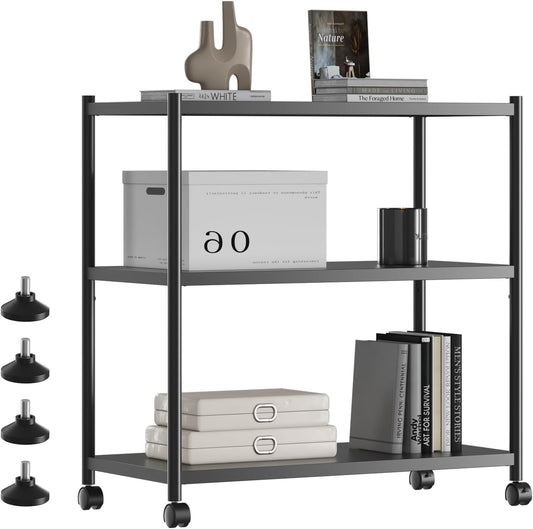 ZZL 3 Tier Small Bookshelf 31.49" Width,Metal Bookcase w/Wheels,Industrial Book Shelves for Home Office,Bedroom,School,Living Room(Black)