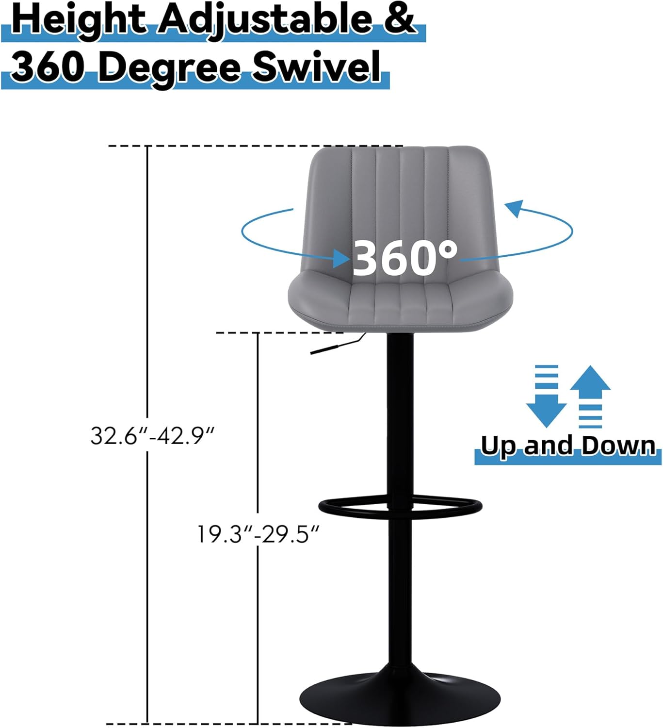 Shintenchi Swivel Bar Stools Set of 4, Adjustable Faux Leather Upholstered Swivel Counter Stools, Armless Bar Height Island Chairs with Back and Footrest, Gray