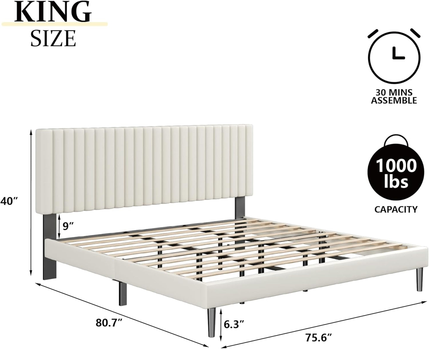 King Size Bed Frame with Velvet Upholstered Headboard, Platform Bed with Strong Wood Slats, Mattress Foundation, Box Spring Optional, Easy Assembly, Beige
