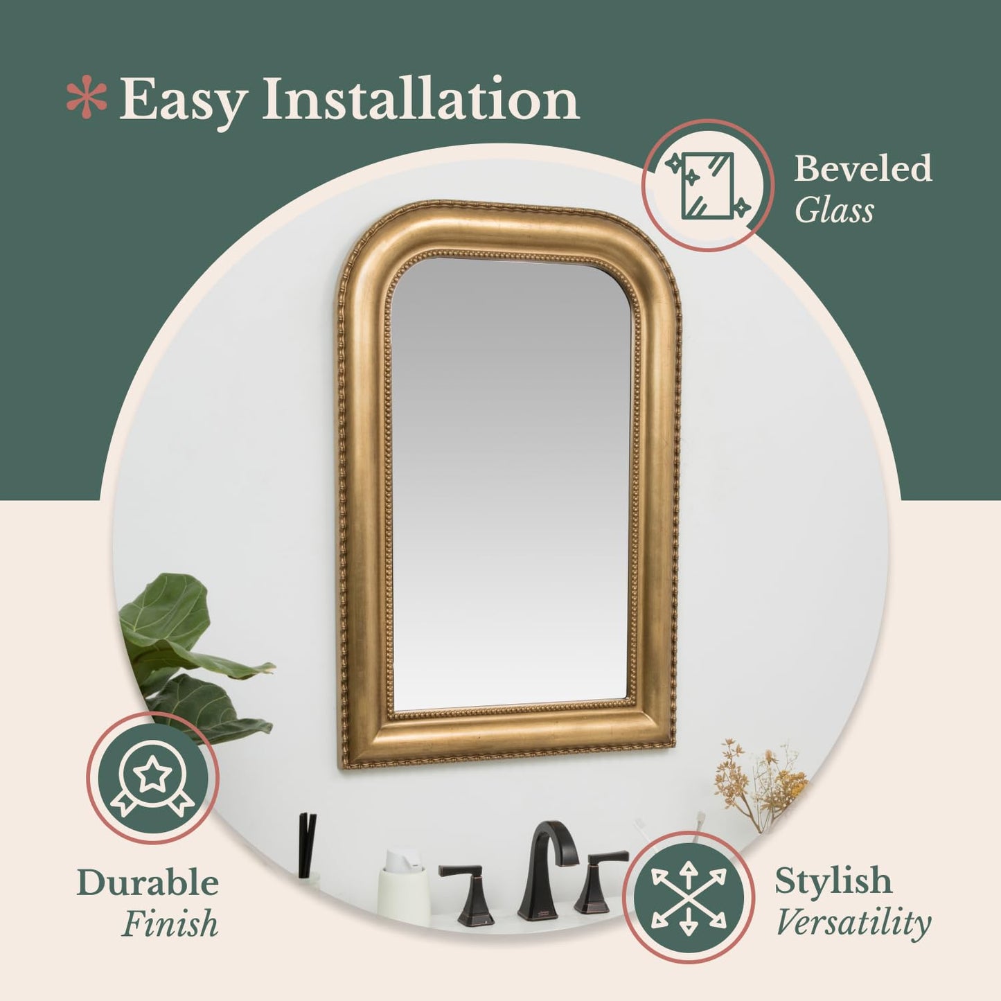 Hamilton Hills 36" x 24" Classic Gold Framed Polished Glass Top Round Corner Mirror - Thick Arched Top Rich Wall Mirror - Vanity for Bathroom Decor, Bedroom, Living Room - Hangs Horizontal or Vertical