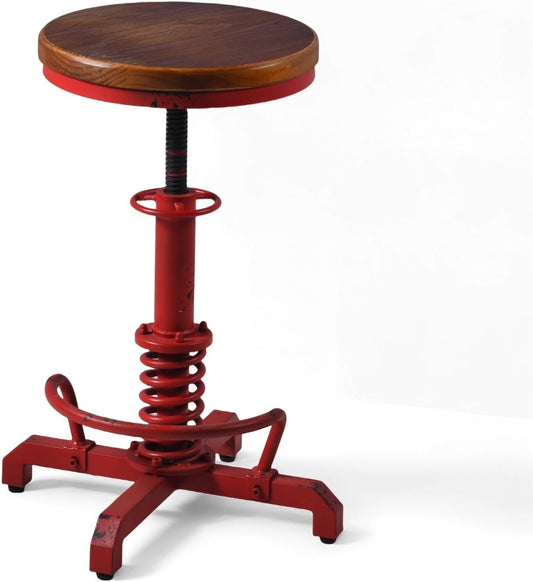 Topower Industrial Retro Vintage Farm Wooden Seat Tractor Stool Kitchen Swivel Height Adjustable bar Stool Antique Red