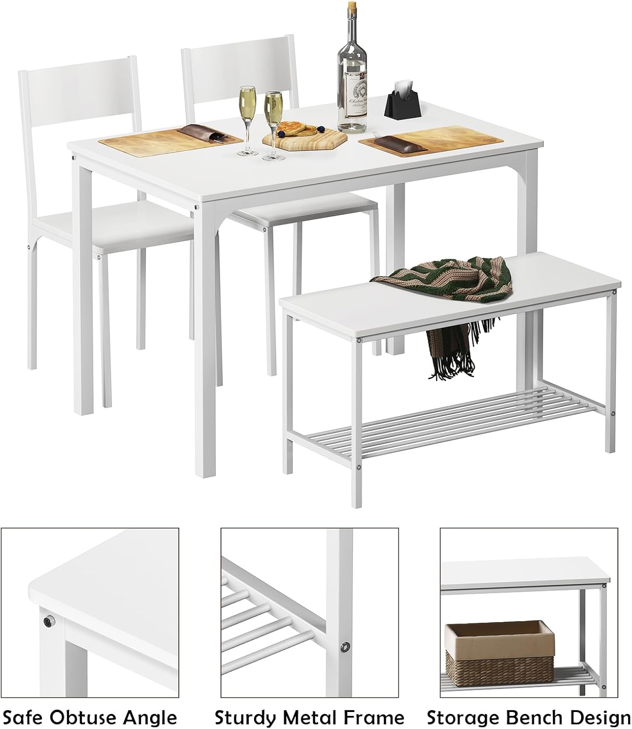 SogesHome Dining Table Set with 2 Chairs and 1 Bench, Bar Set Kitchen Table and Chairs for Dining Room Resturant Bistro Set, Pure White