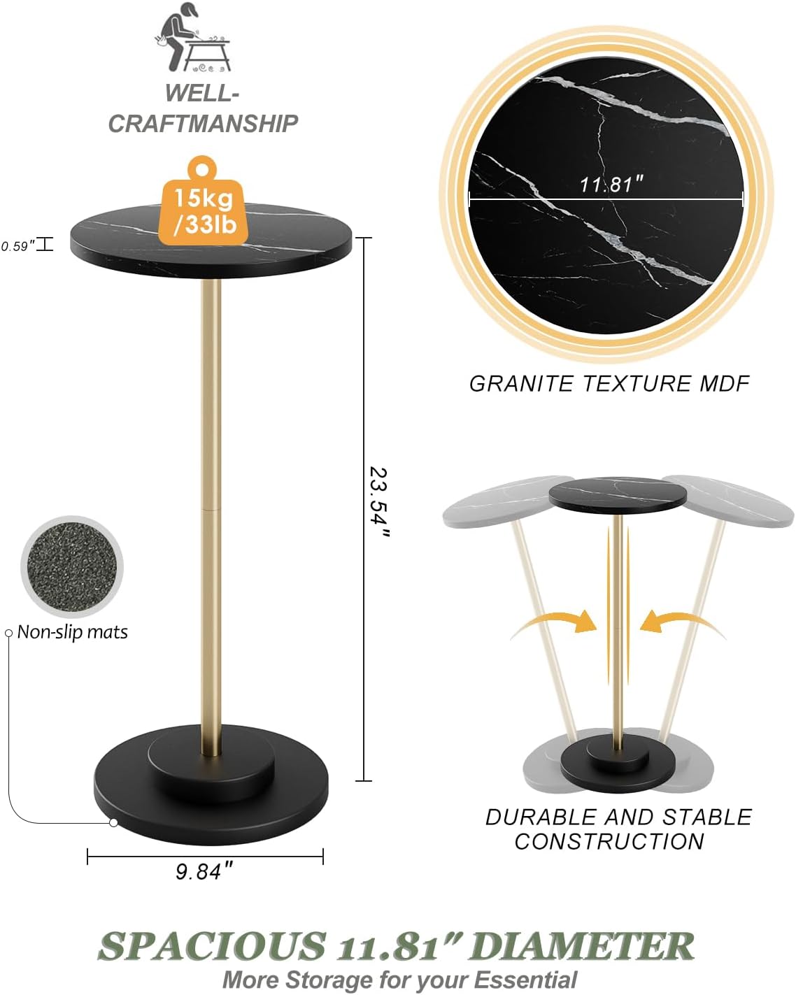 Round Side Table, Small Drink Table for Small Spaces, Modern Accent End Table Coffee Table with Metal Leg for Living Room, Bedroom, Corners, and Office (Black Marble)