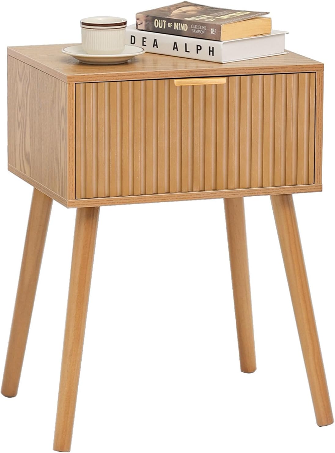 Fluted Nightstand, Small Bedside Table with Storage Drawer, Accent End Table Living Room for Bedroom and Small Space, Brown