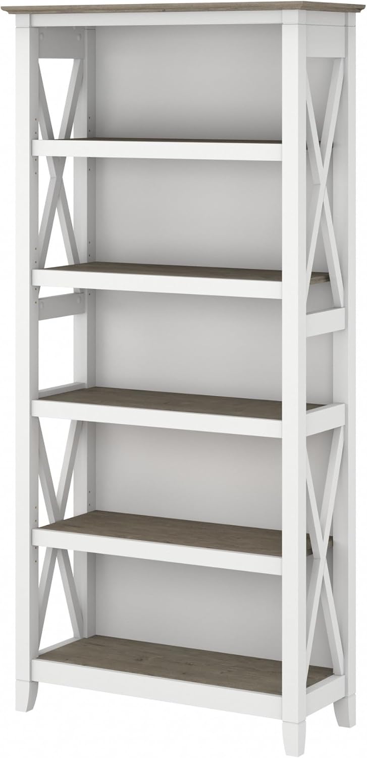 Bush Furniture Tall 5 Shelf Bookcase for Living Room or Home Office, Large Bookshelf, Modern Farmhouse Style, Key West Collection, Pure White and Shiplap Gray