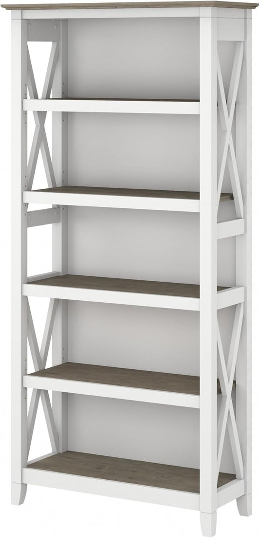 Bush Furniture Tall 5 Shelf Bookcase for Living Room or Home Office, Large Bookshelf, Modern Farmhouse Style, Key West Collection, Pure White and Shiplap Gray