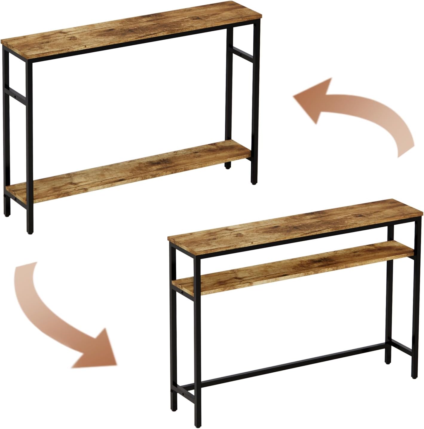 Narrow Console Table, 47 Inch Sofa Table with Adjustable Shelf, 2-Tier Long Skinny Table for Hallway, Entryway, Living Room, Foyer, Rustic Brown