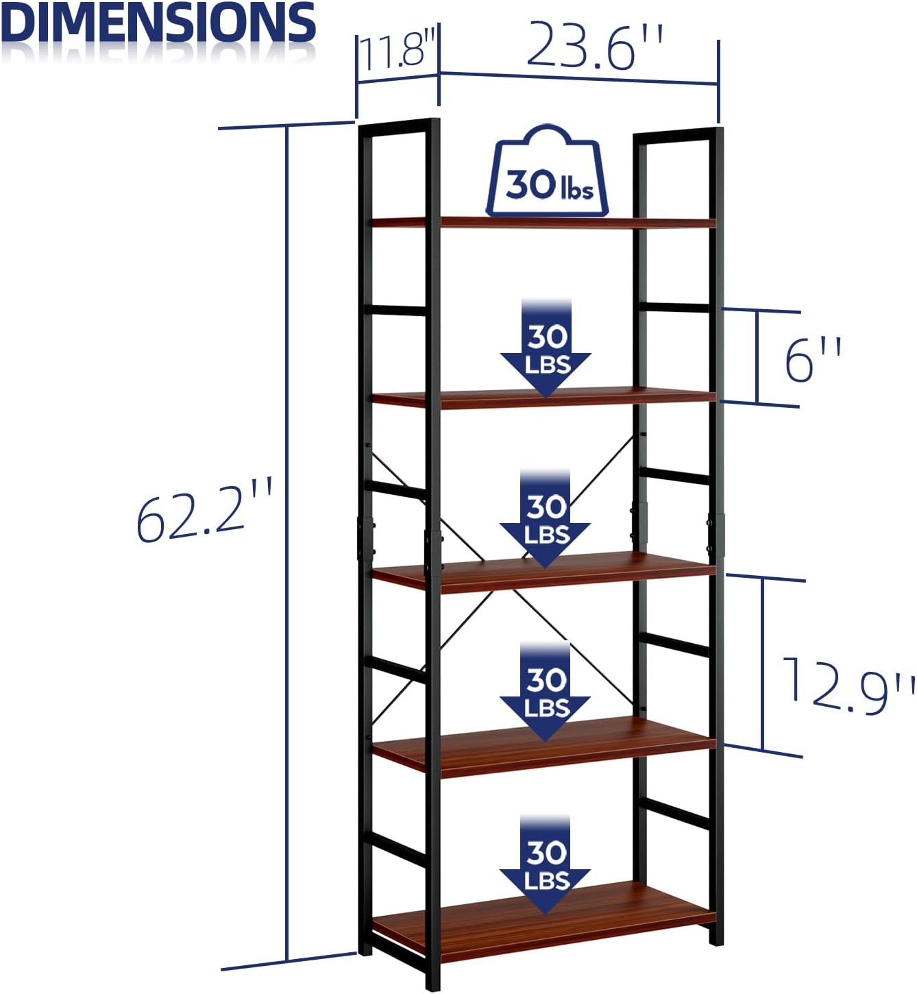 NUMENN 5 Tier Bookshelf, Tall Bookcase Shelf Storage Organizer, Modern Book Shelf for Bedroom, Living Room and Home Office, Teak
