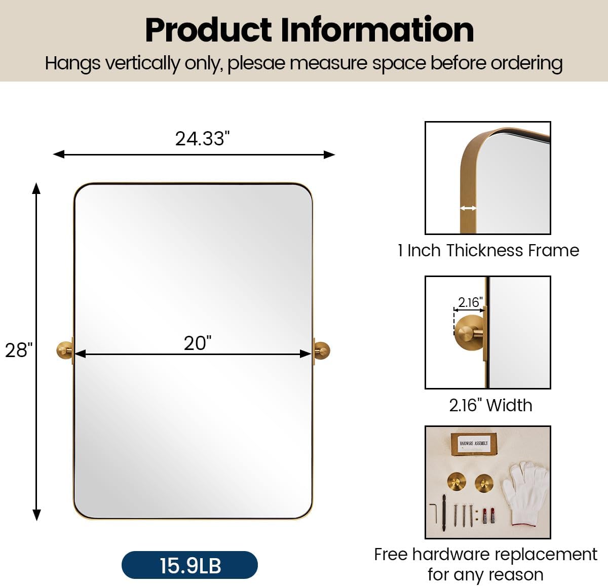MOON MIRROR 20" x 28" Brushed Gold Metal Framed Pivot Rectangle Bathroom Mirror for Wall, Tilting Rounded Rectangular Vanity Mirror Hangs Vertical only
