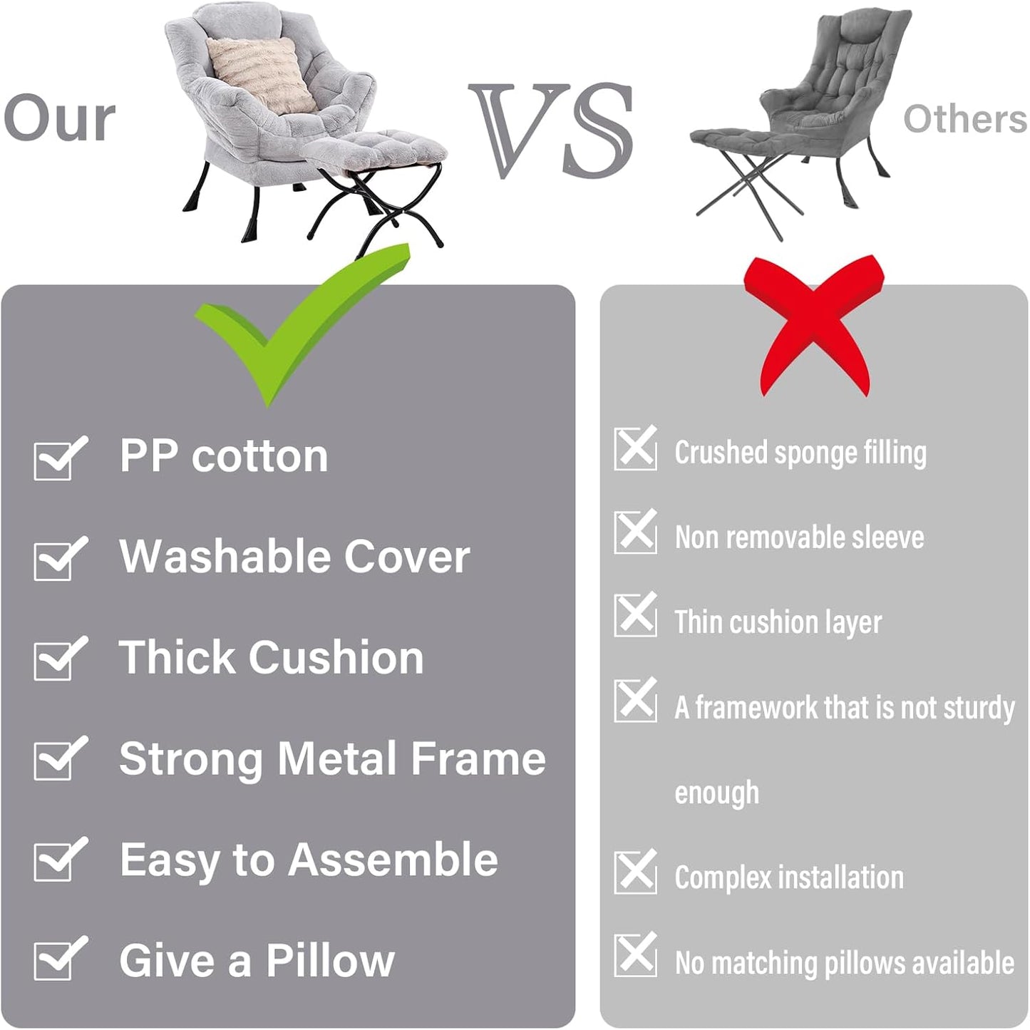 Lazy Chair with Ottoman, Modern Large Accent Lounge Chair with a Pillow, Leisure Sofa Armchair, Reading Chair with Footrest for Bedroom, Living Room,Plush Light Grey