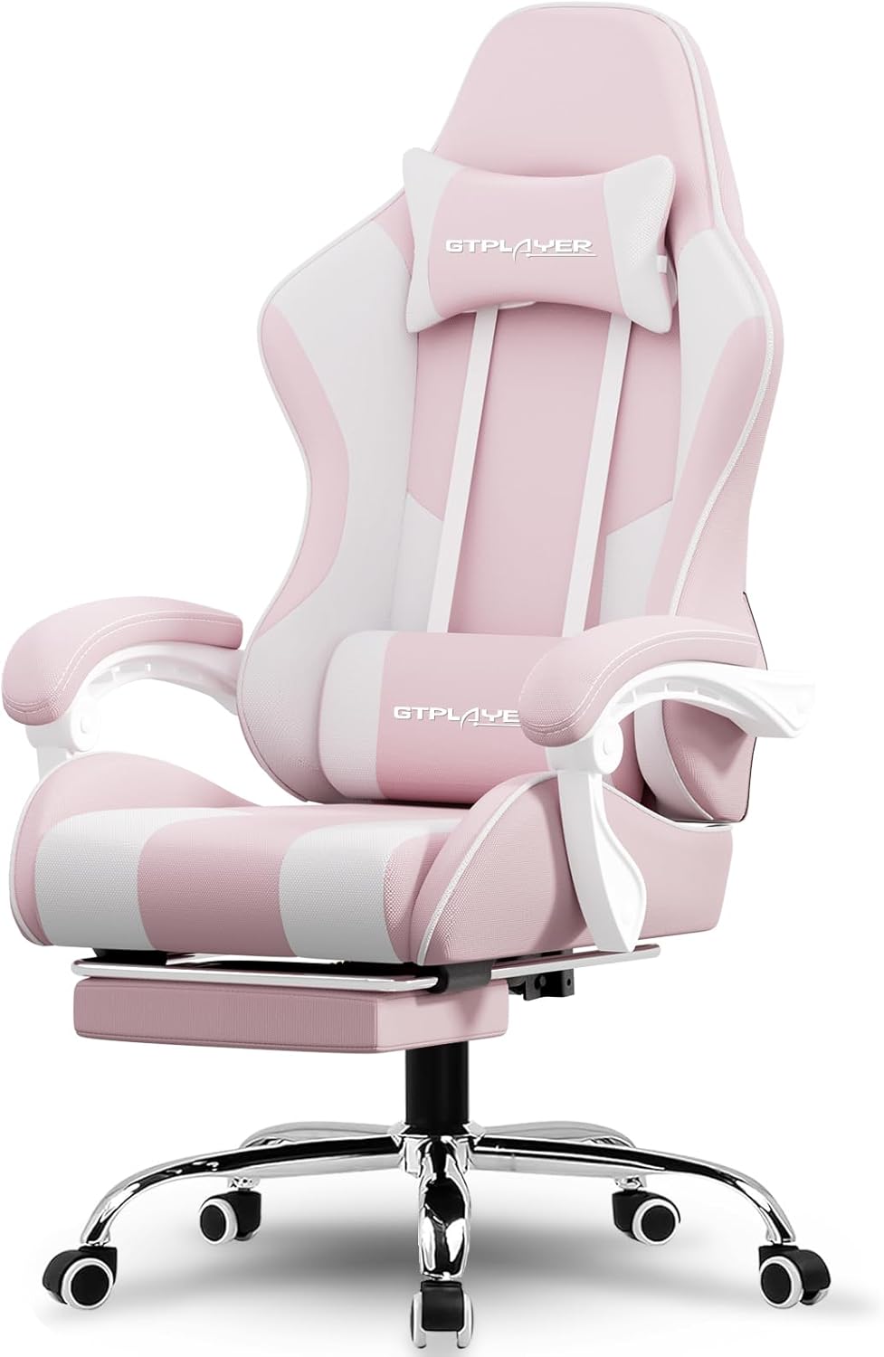 GTPLAYER Gaming Chair with Footrest, Computer Chair with and Lumbar Support, Height Adjustable Game Chair with 360°-Swivel Seat and Headrest and for Office or Gaming (Pink-Fabric)