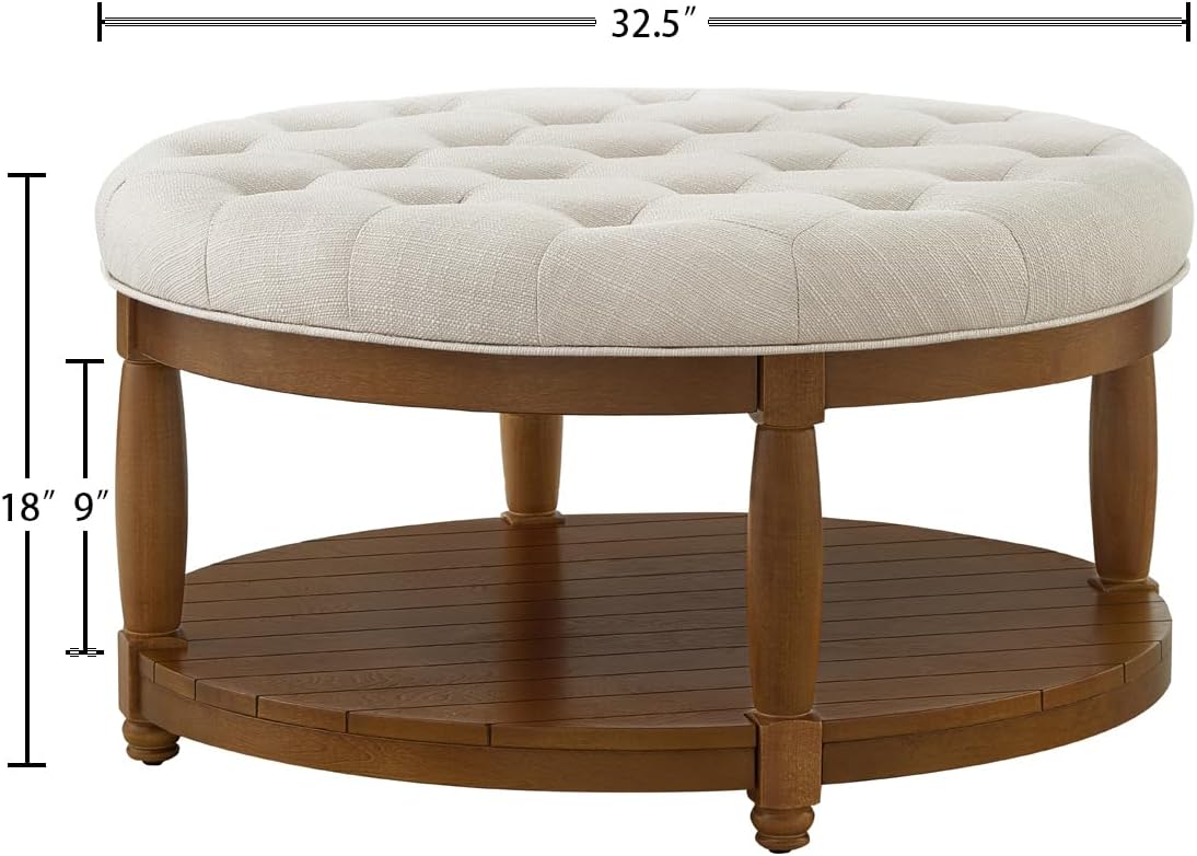 24KF Upholstered Round Coffee Table with Wooden Shelf, Tufted Button Large Round Ottoman with Spindle Wooden Legs, Linen Large Footrest Ottoman Pouf for Living Room, Ivory