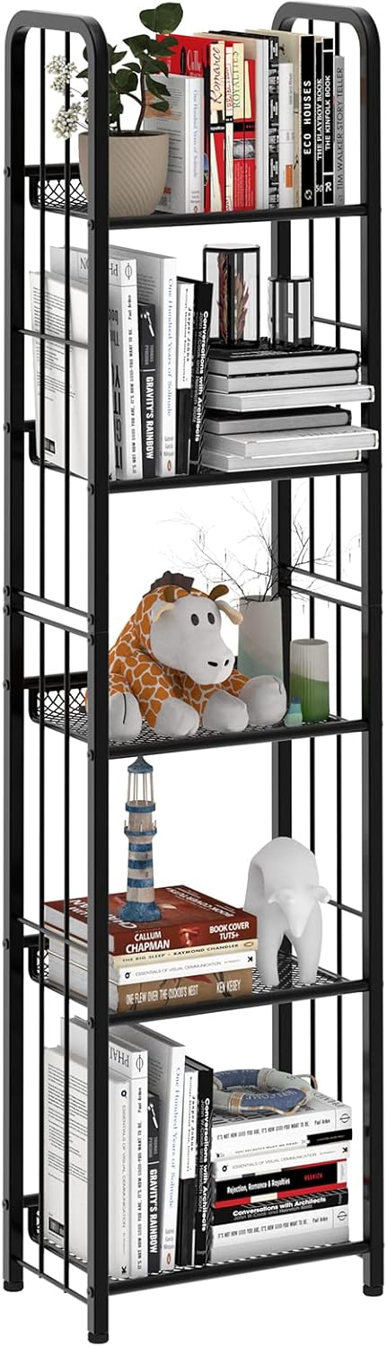 Bookshelf Storage Shelf Bookcase Freestanding Storage Stand for Living Room, Bedroom, Kitchen Rust Resistance Easy Assembly Free Combination Multi-Functional Organizer (5 Tiers, Black)