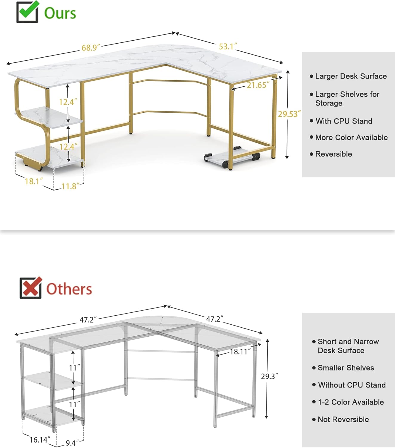 Teraves Reversible L Shaped Desk with Large Surface, 69 Inch Sturdy Corner Desk with Storage Shelves, Premium Office Computer Desk Workstation for Home Office Gaming