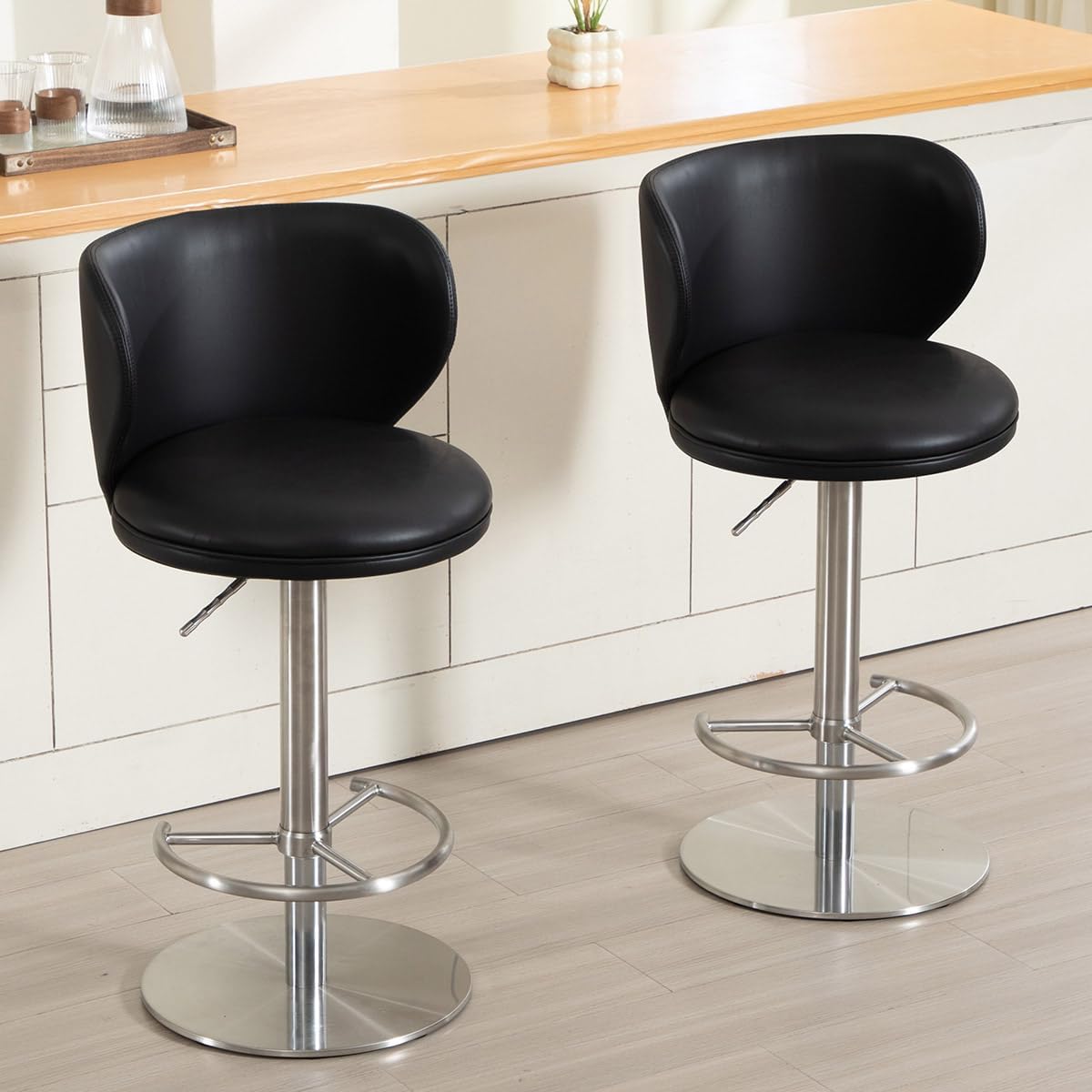 Stainless Steel Bar Stools,Grade Modern Leather Bar Chair with Backrest,Swivel Adjustable Height for Kitchen Counter and Dining Room (Black Leather-1pc)