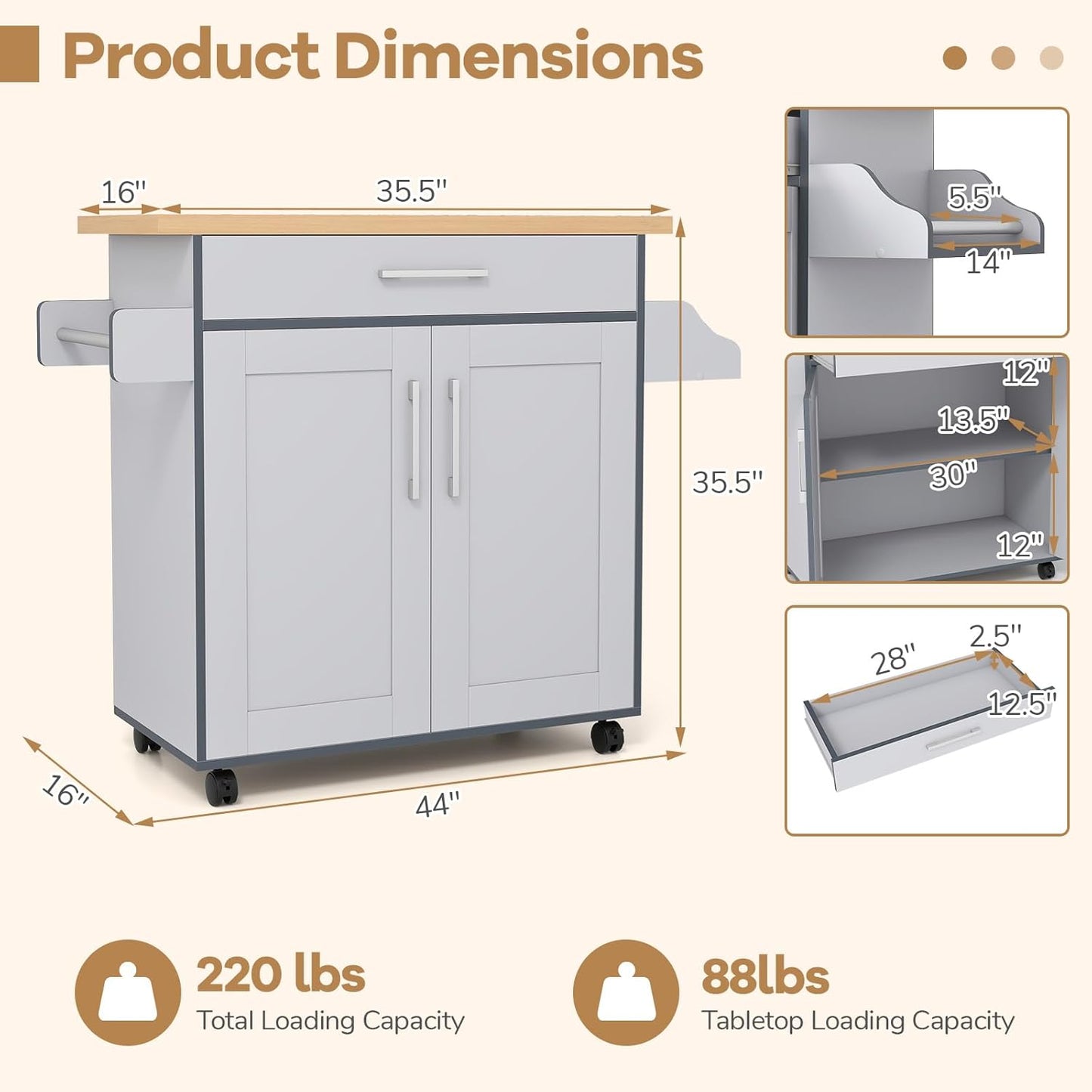COSTWAY Kitchen Island On Wheels, Rolling Storage Trolley Cart with Large Cabinet, Drawer, Spice Rack and Towel Rack, Kitchen Serving Utility, 3-Position Adjustable Shelf (Grey)
